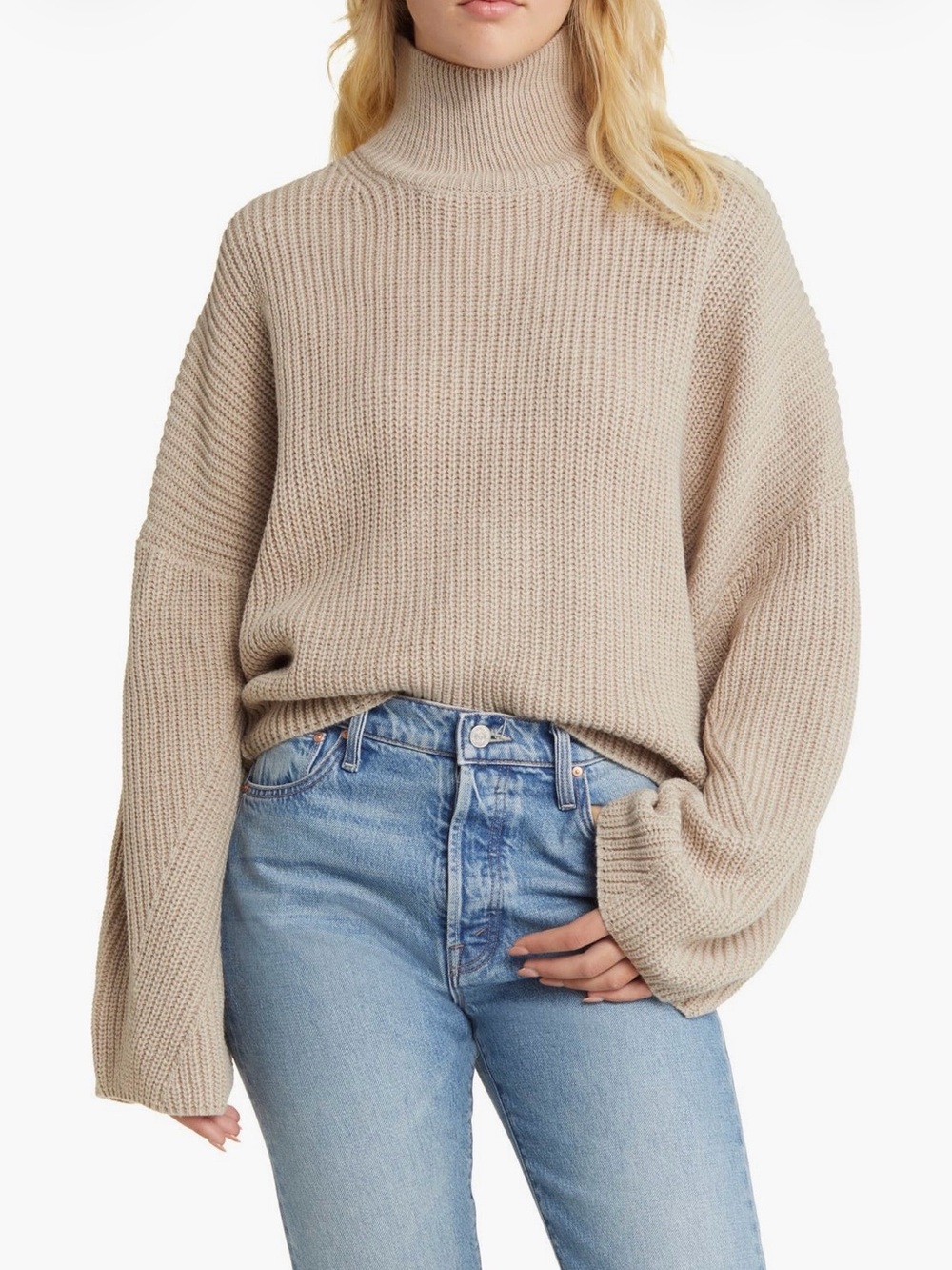Topshop Oversized Chunky Knit Turtleneck Sweater Beige M